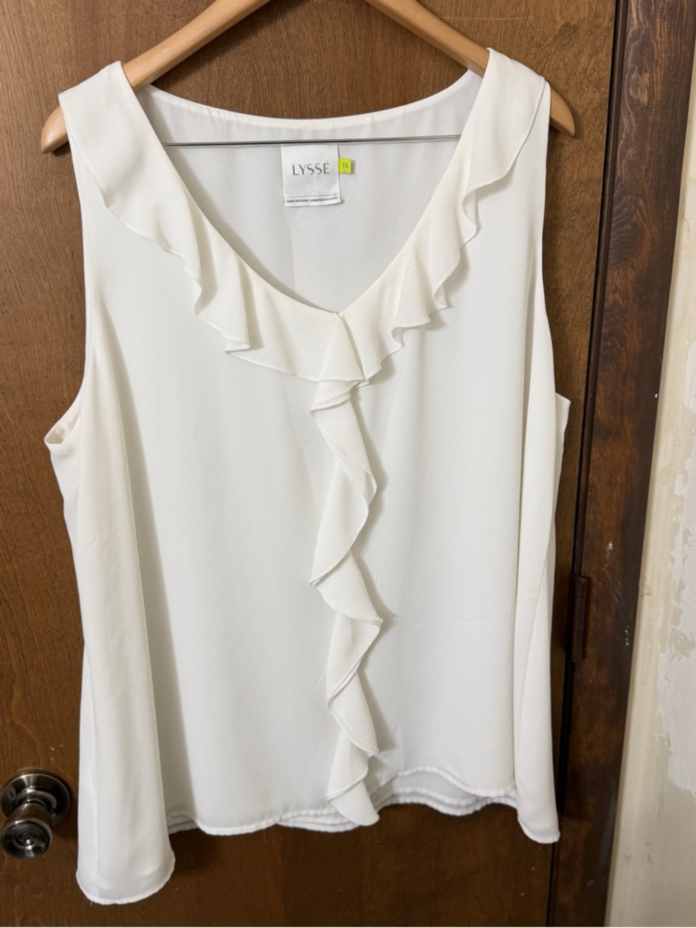 Lysse  1X White Ruffle V-Neck Sleeveless Blouse